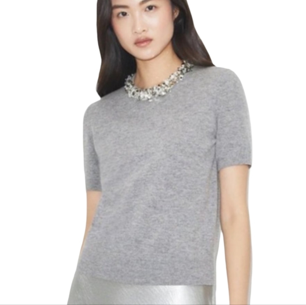 Marled Reunited Clothing Gray Rhinestone Embellished Puff Sleeve Sweater‎ Top M